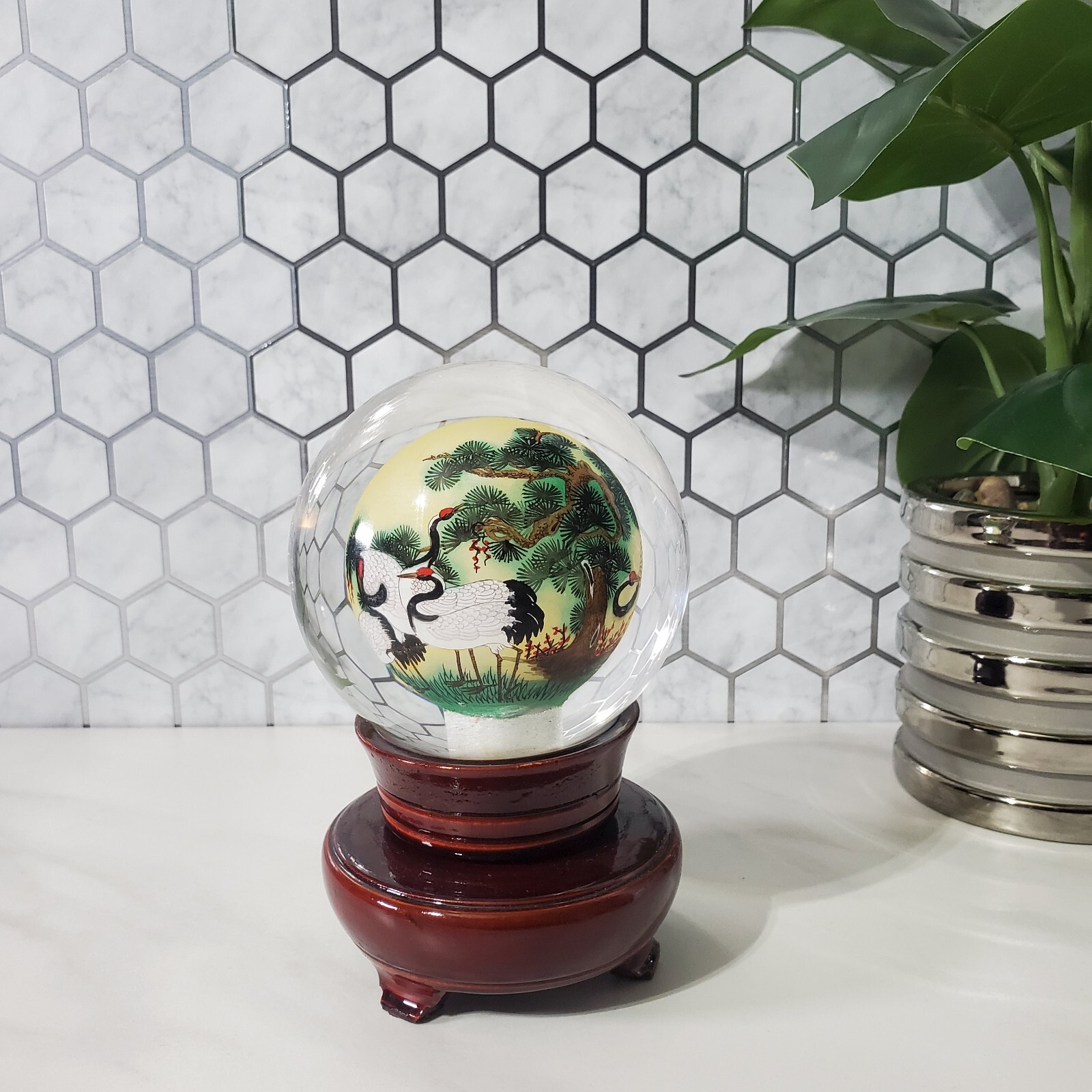 Vintage Chinese Reverse Hand Painted Cranes Revolving Sphere Orb with Wood Stand