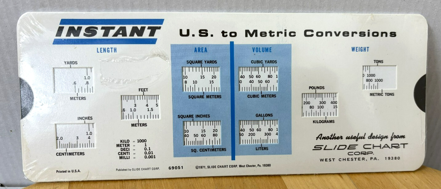 INSTANT U.S. to METRIC CONVERTER 1971 from SLIDE CHART CORP. New. OLD STOK
