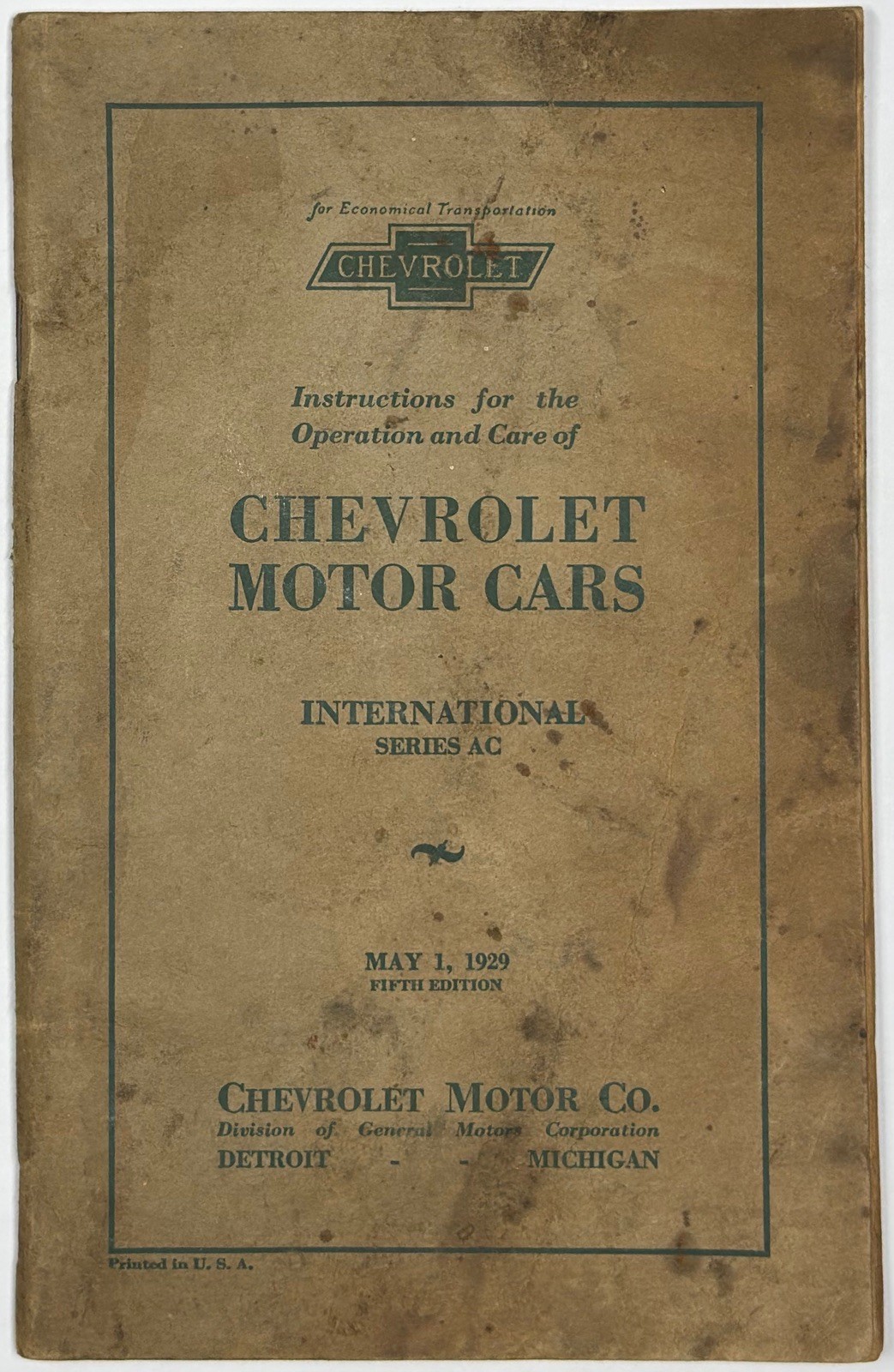 1929 CHEVROLET MOTOR CARS INTERNATIONAL SERIES AC OWNERS MANUAL FIFTH EDITION