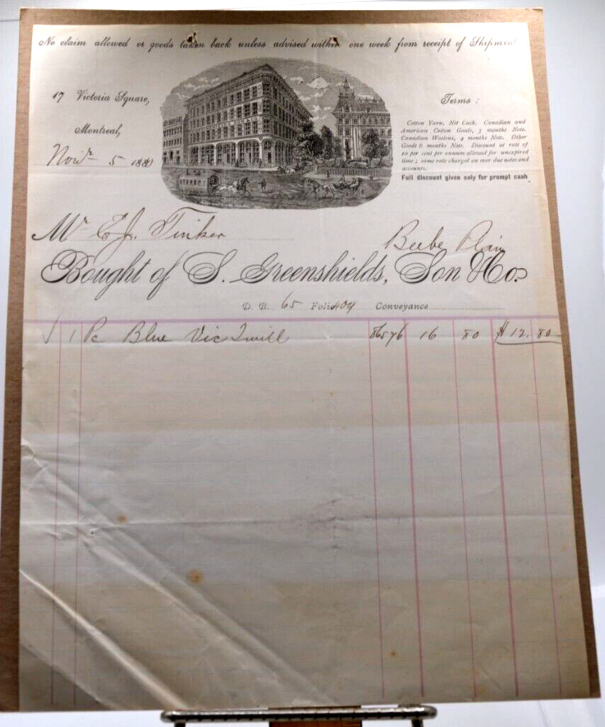 1880  S. Greenshields, Son & Co. Montreal, Canada Original Invoice Ephemera Good