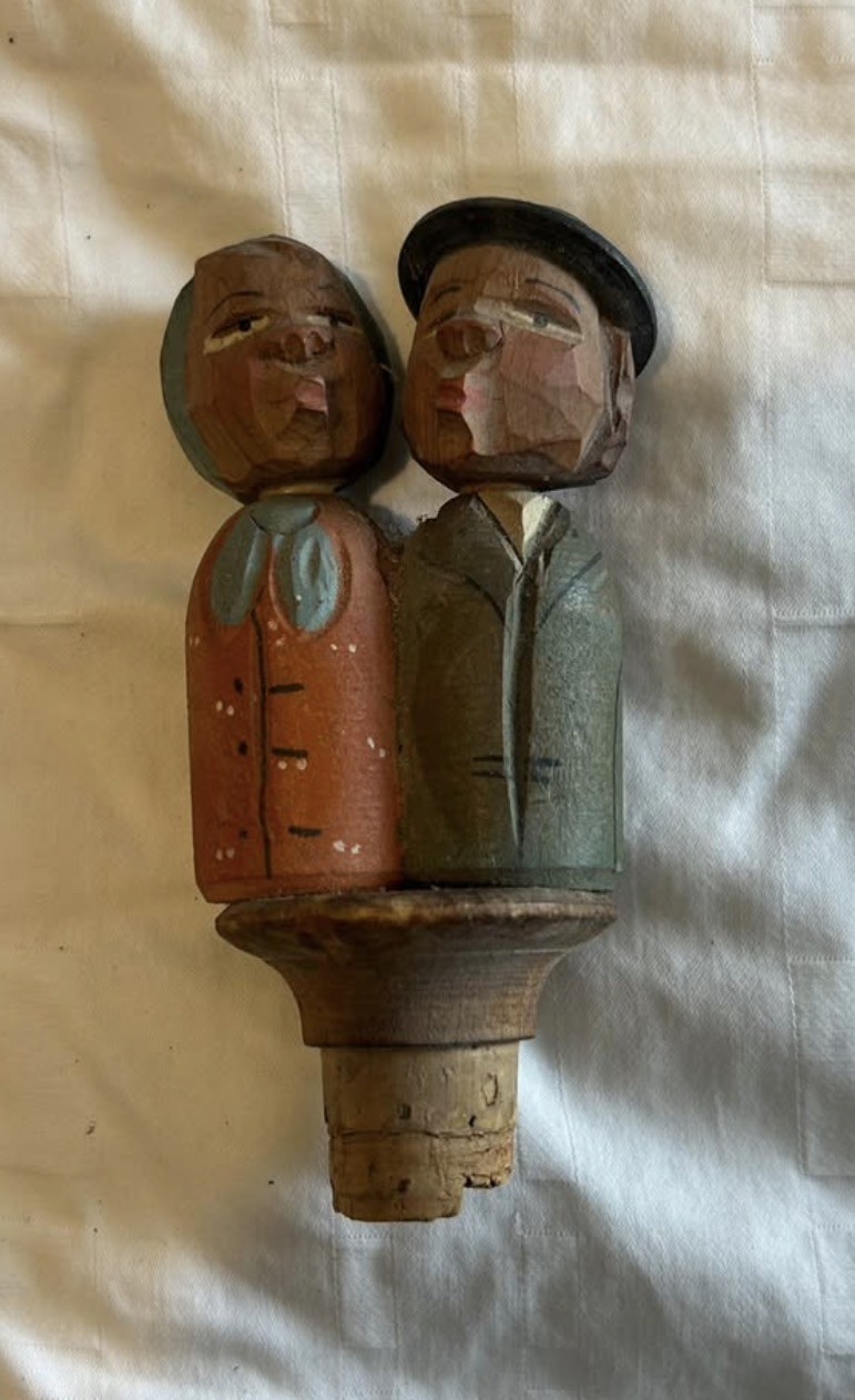 Vintage folk art hand carved wine corks. Pair. Two