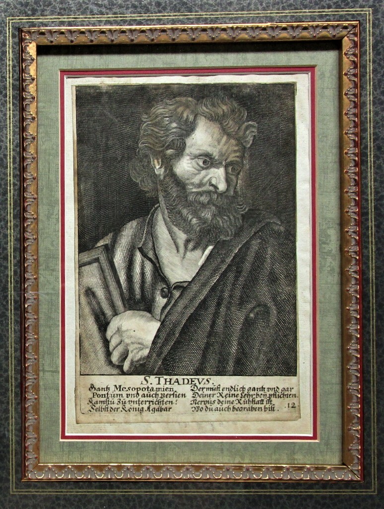 French 17th C. ETCHING in Nice Frame  SAINT THADEUS  Christian  c. 1655 antique*