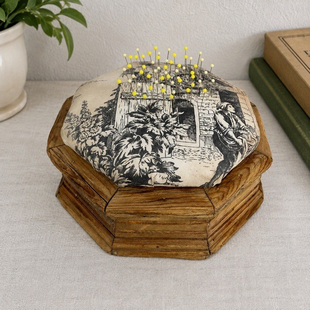 Vintage Hand Carved Wood Pin Cushion Toile Fabric Octagon Sewing Decor 10