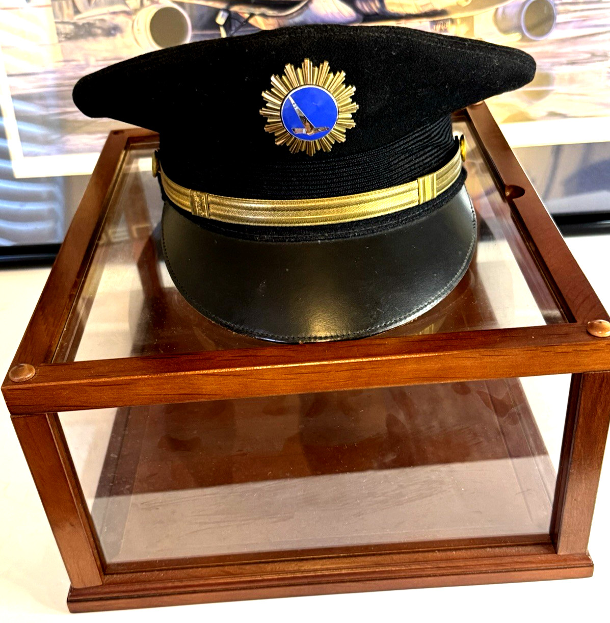 VTG. Eastern Airlines Pilot Uniform Hat w Enamel Badge in a Display Case 1960\'S