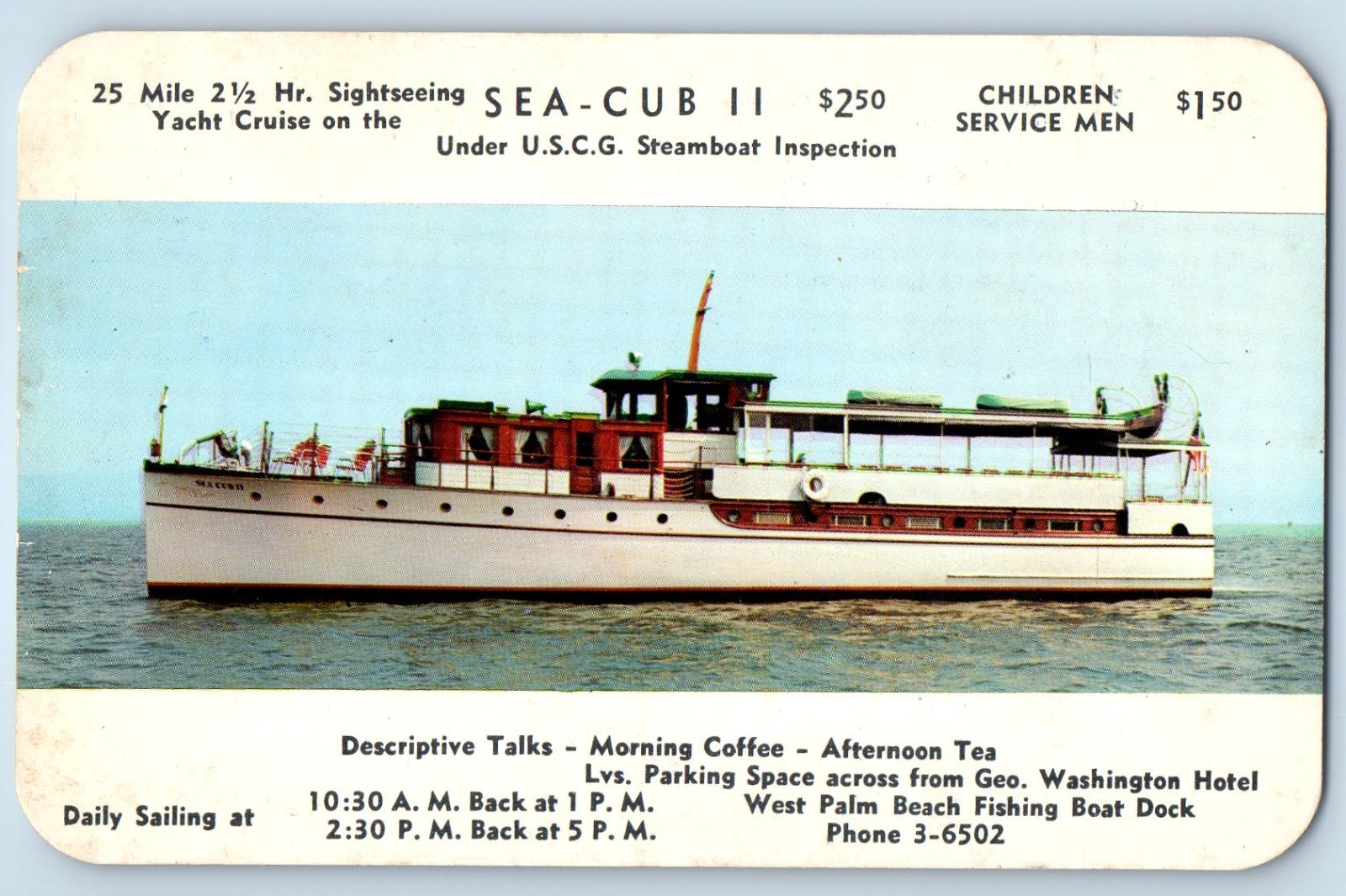 c1960 Juno Beach Florida FL Postcard Sea Cub II U.S.C.G Steamboat Daily Sailing