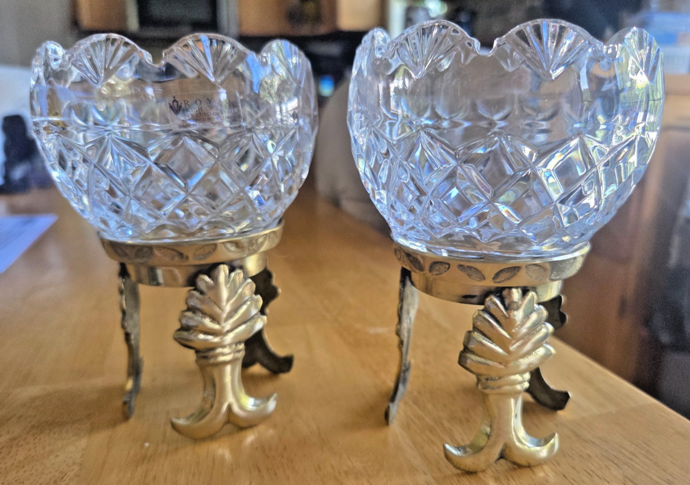 1970\'S VINTAGE ROYAL IRISH CRYSTAL VOTIVE CANDLE HOLDER W/BRASS STANDS SET OF 2