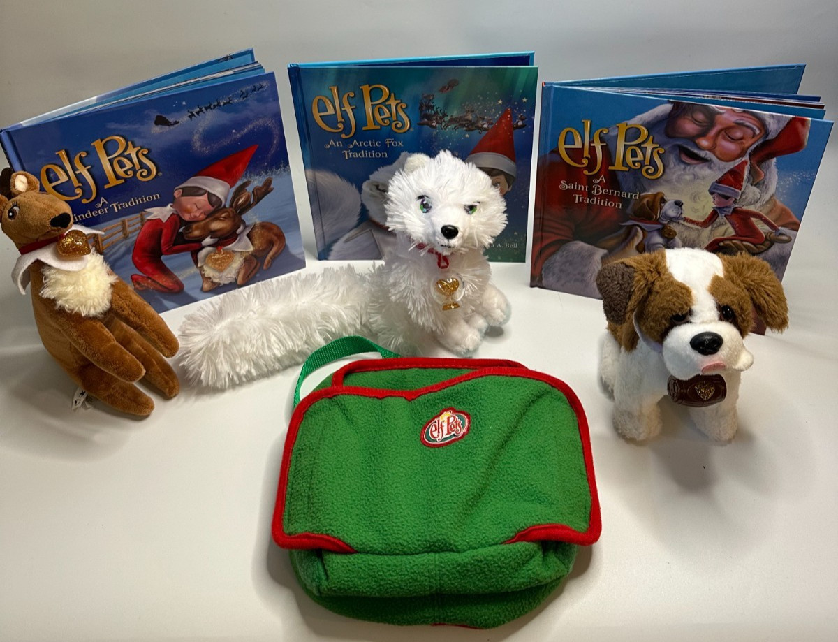 Xmas Elf on shelf plush pets-Reindeer, Arctic Fox,&Saint Bernard w/books&carrier