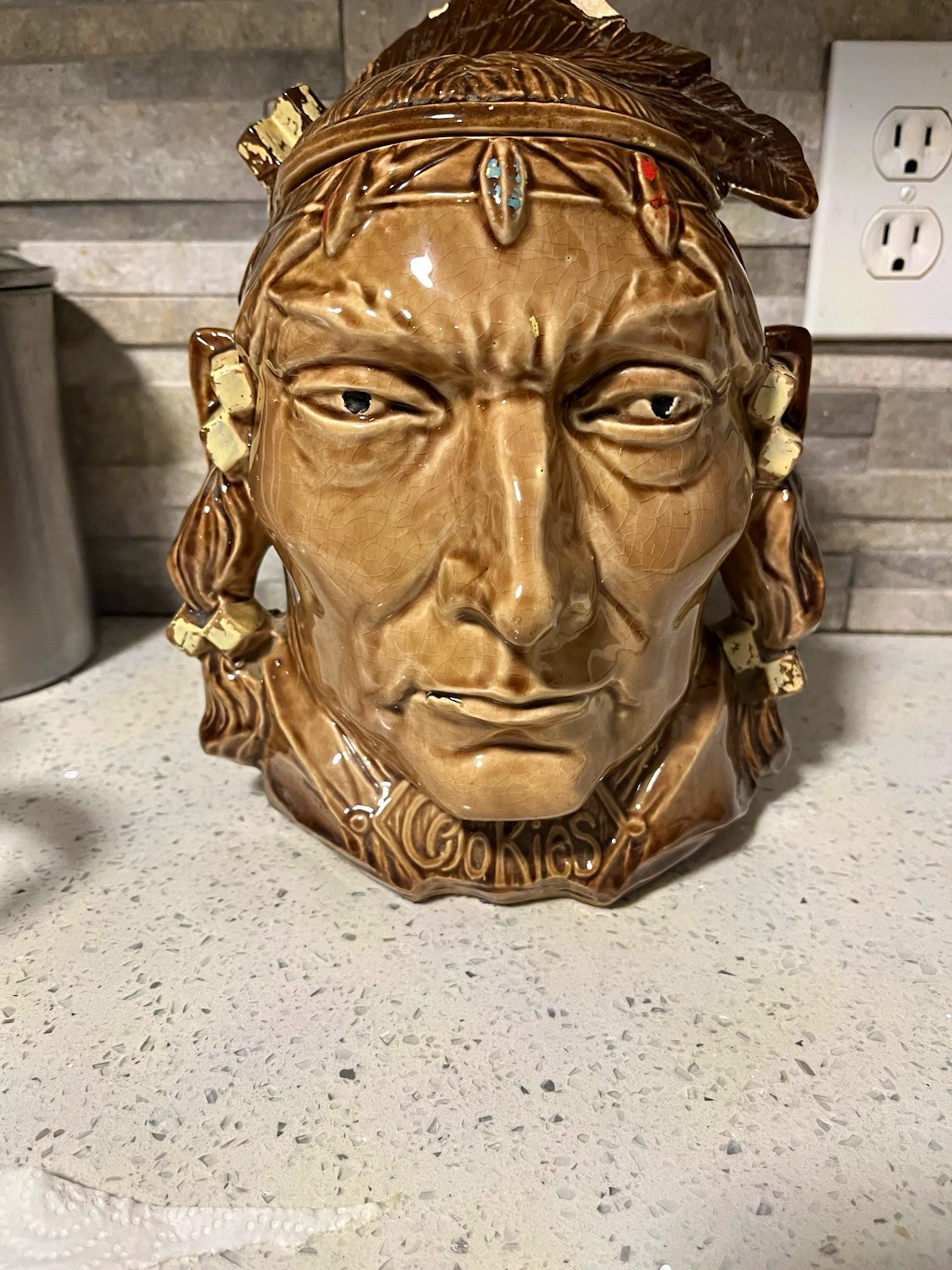 Vintage McCoy USA Brown Ceramic Native American Head Cookie Jar w/ Lid