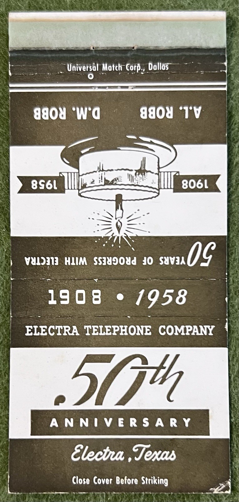 1958 Electra Telephone Co Electra TX Vtg 30/Front-Striker Match Cover B-7209