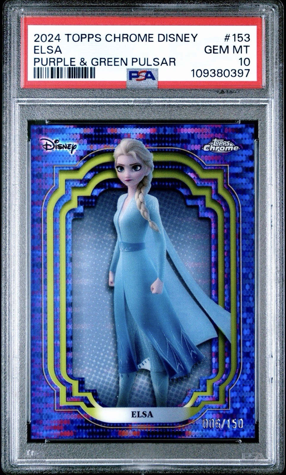 Topps 2024 Topps Chrome Disney Elsa #153 Purple & Green Pulsar /150 PSA 10