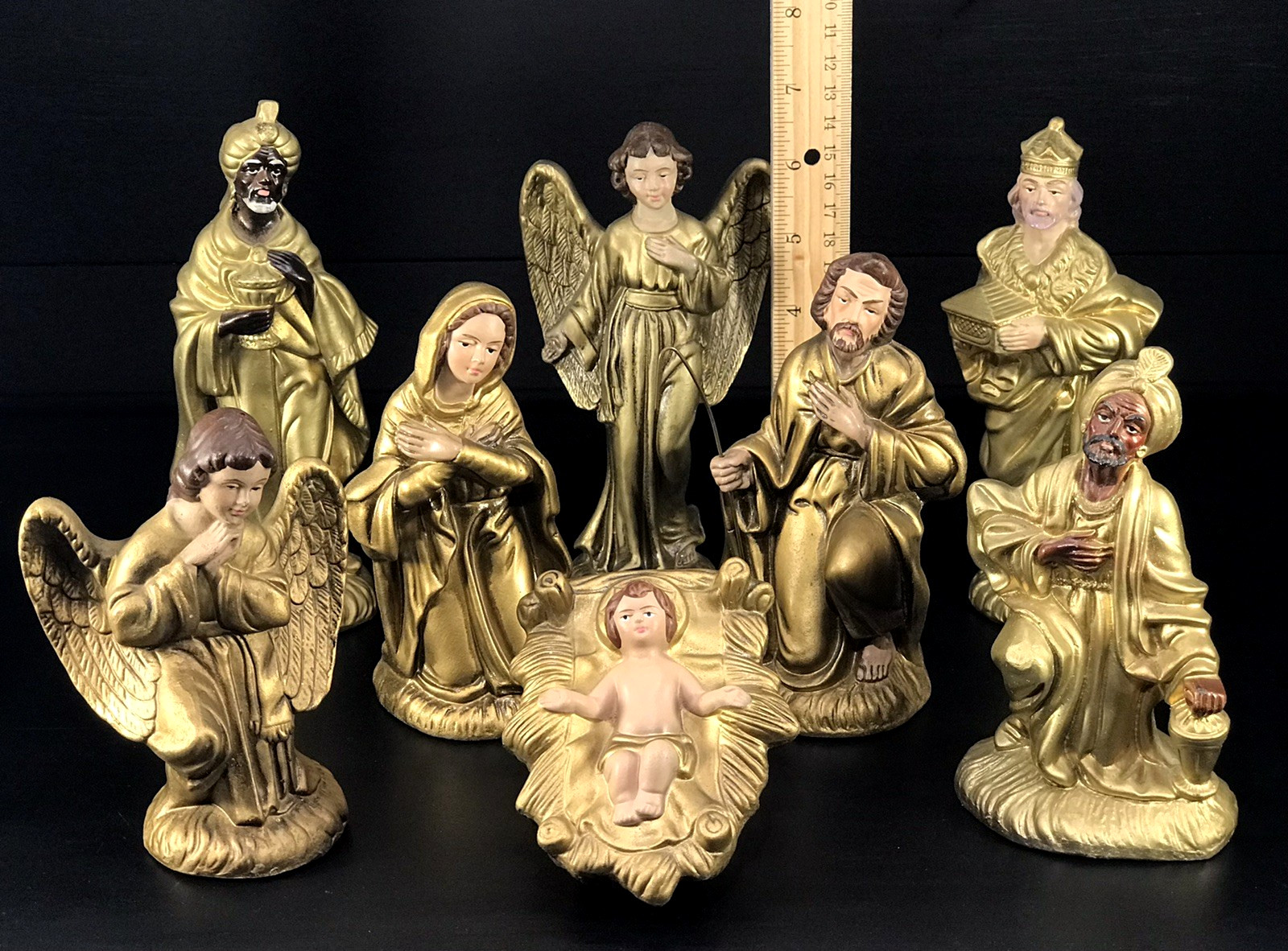 Vintage Inarco Japan Paper Mache Nativity Gold Holy Family Kings Angels 8pc 7.5\