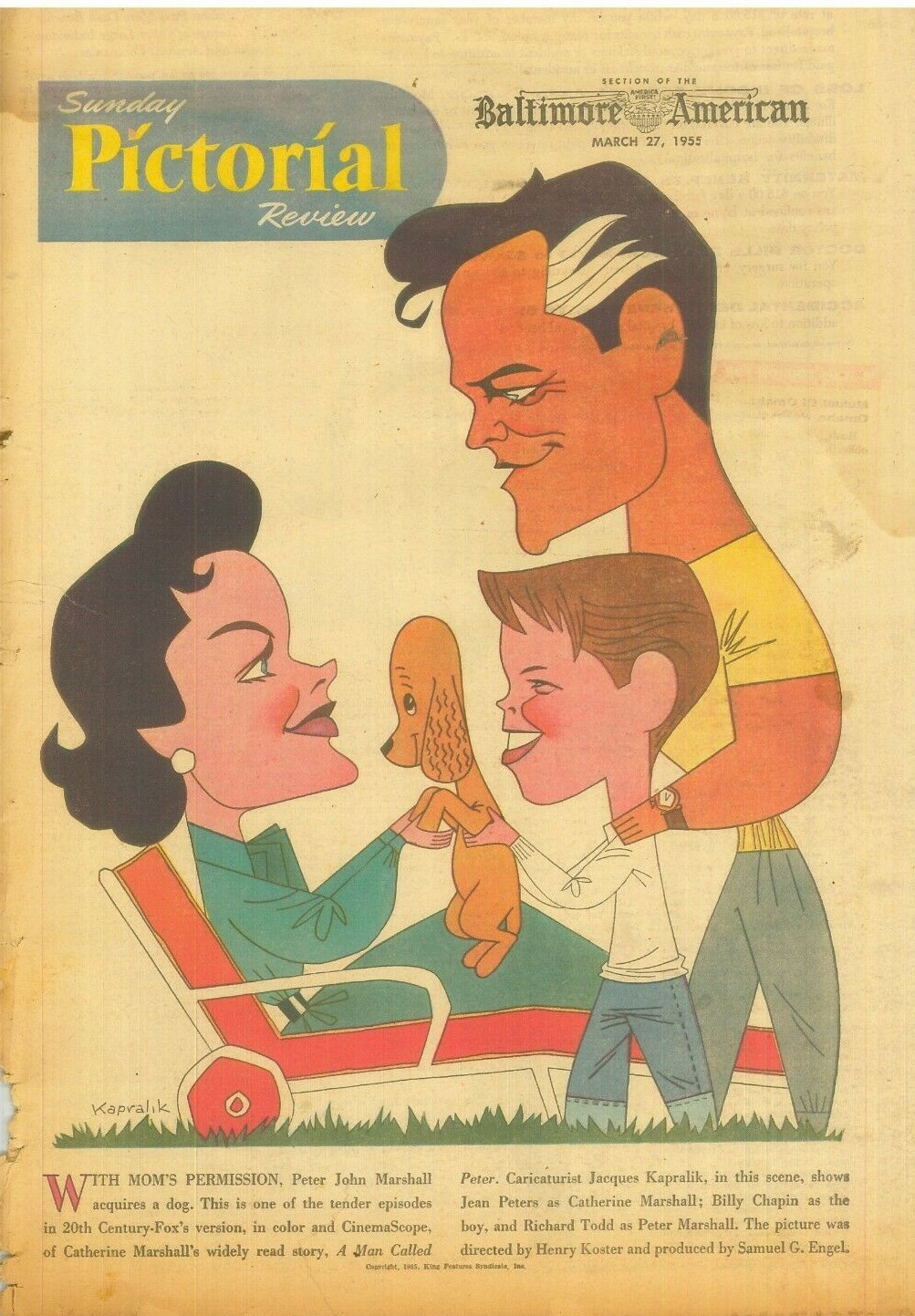 Sunday Pictorial Review March 27 1955 Kapralik art Kirk Douglas Louella Parsons