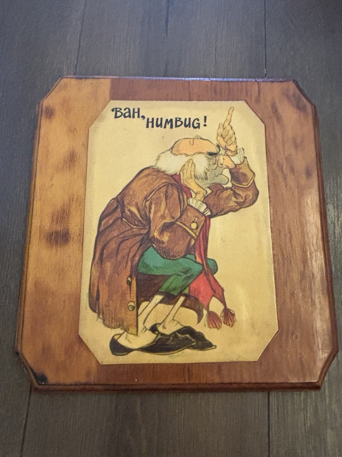 Vintage 70s Wooden Wall Plaque Bah Humbug Custom Made 10.5”x11”x0.75”