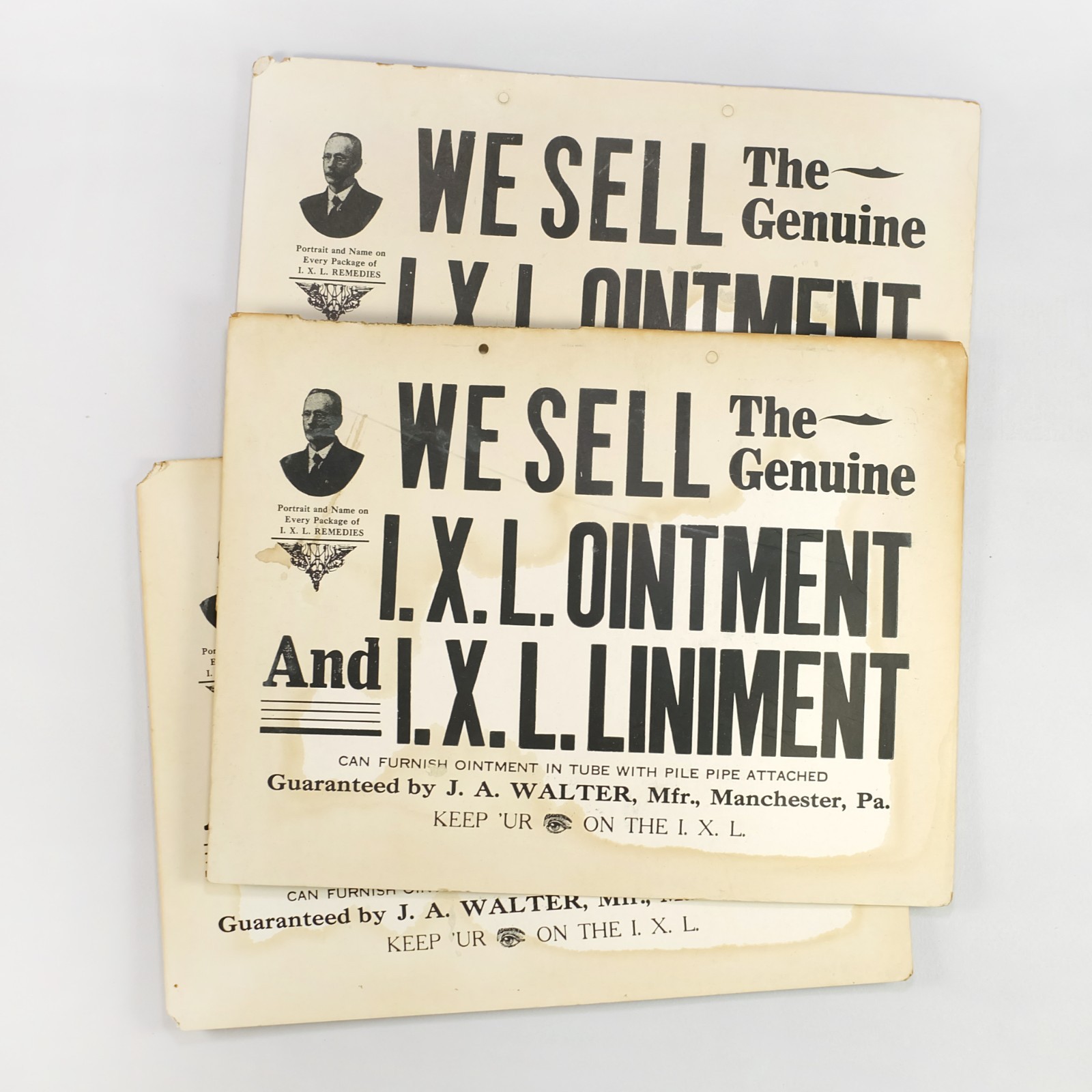 3 Antique 1920s J. A. Walter IXL Ointment Manchester Advertising Cardboard Signs