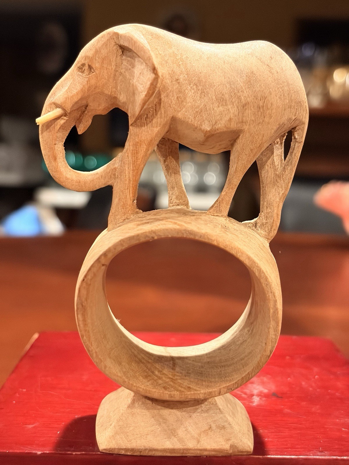 Vintage Hand Carved Wood Elephant Stand Figurine Ring Base Kenya Tribal Art 
