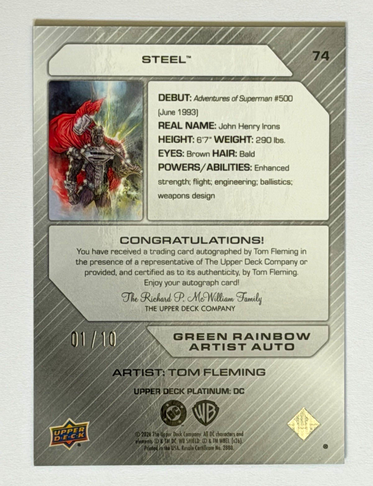 Upper Deck 2026 DC Steel #74 Green Rainbow Auto Tom Fleming 01/10