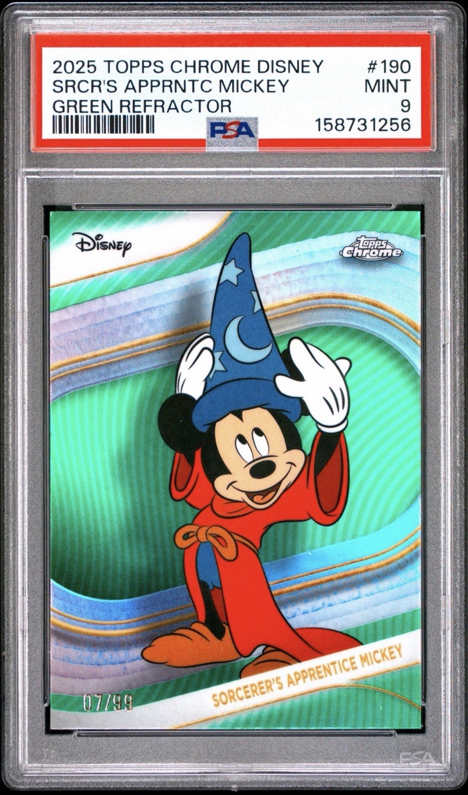 2025 TOPPS CHROME DISNEY GREEN REFRACTOR SORCERER\'S APPRENTICE MICKEY 7/99 PSA 9