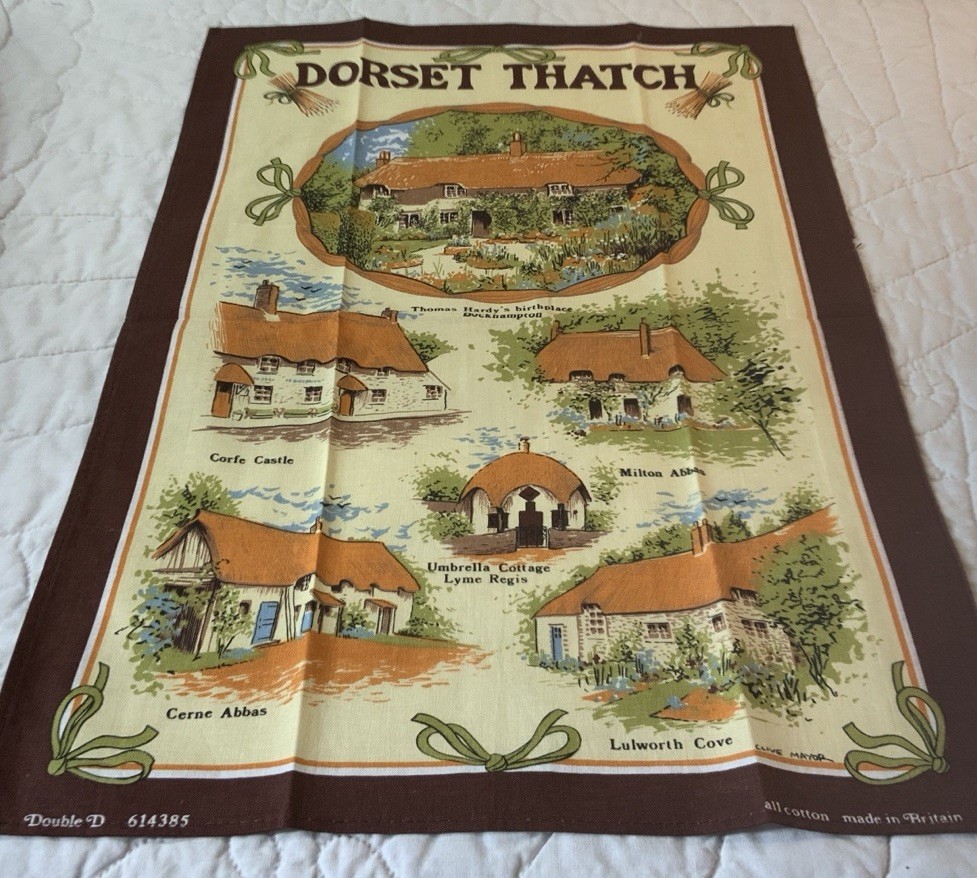 Vintage Souvenir Towel Or Tea Towel, England, Dorset Thatch, Cotton