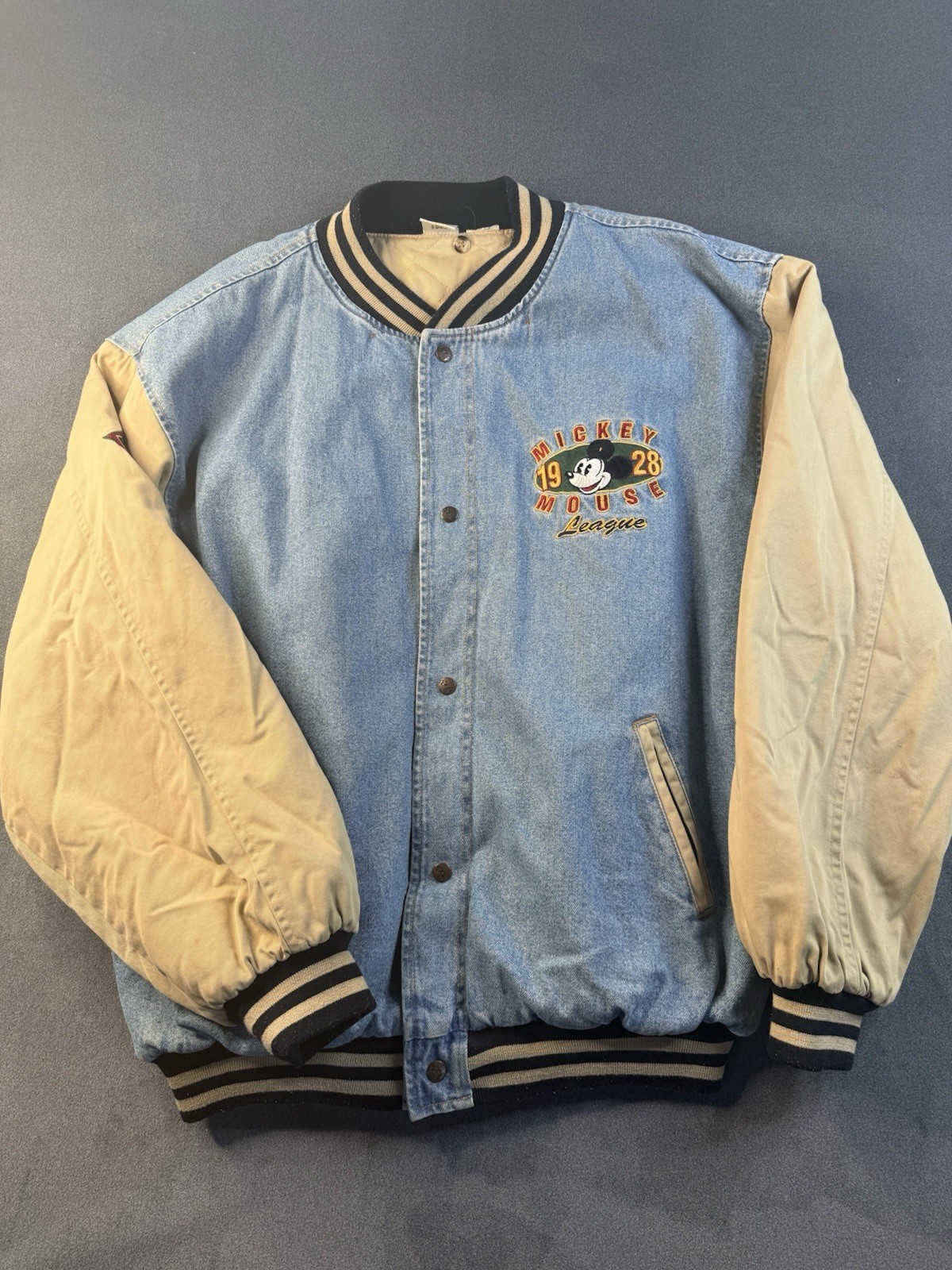 Vintage Disney Mickey Mouse 1928 League Denim Bomber Varsity Jacket Size XL