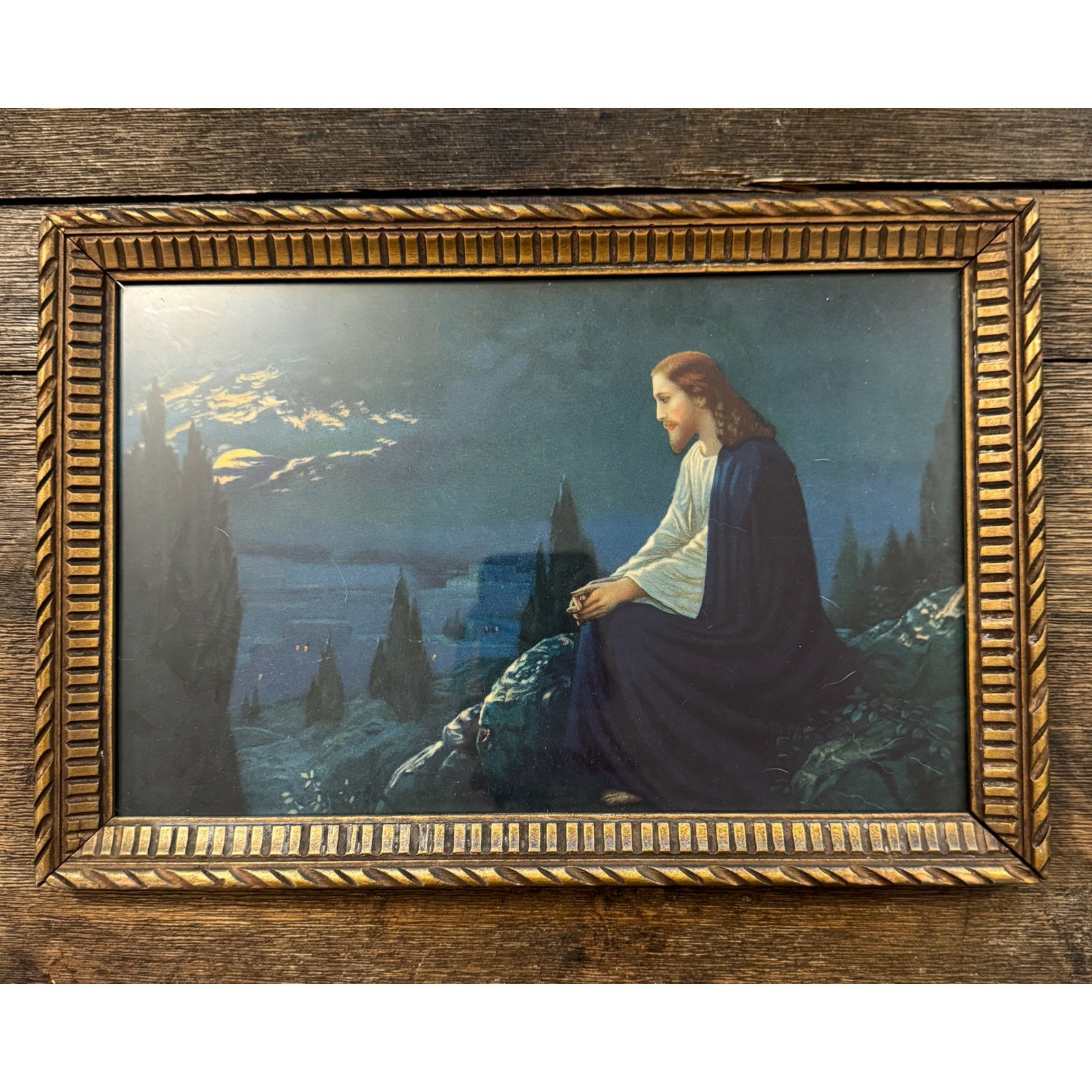 Vintage Jesus Garden of Gethsemane Framed Lithograph Gold Ornate Wood Frame 12x9