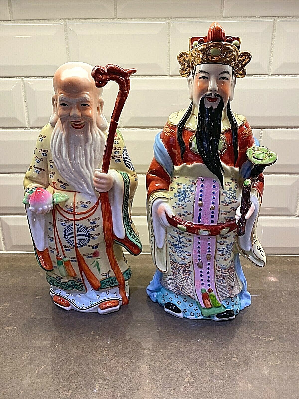 Vintage Hand Painted Ceramic Chinese Oriental LUK and Shou Lao