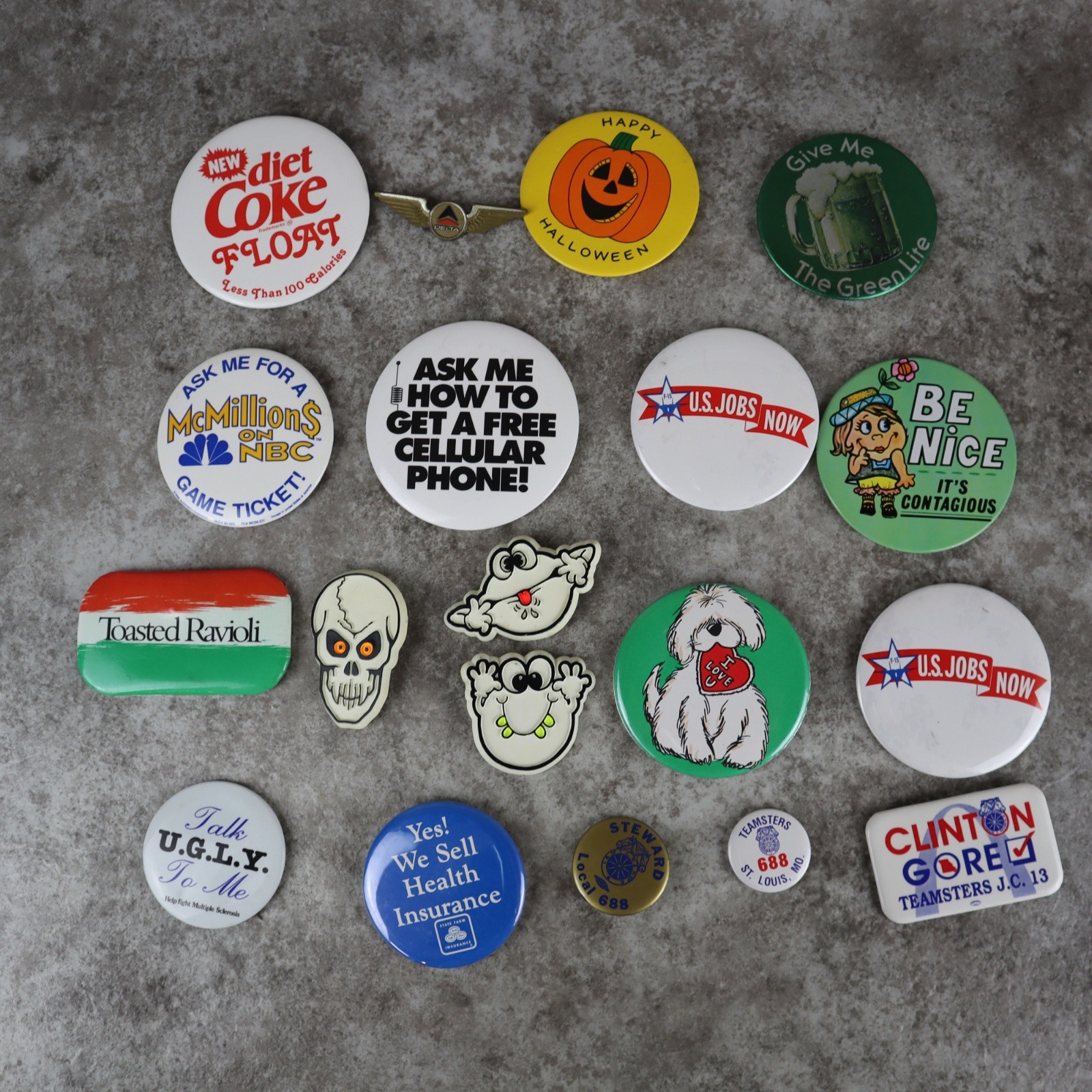 VTG 80s Pin Back Button Lot Diet Coke McMillions Halloween Political Pins