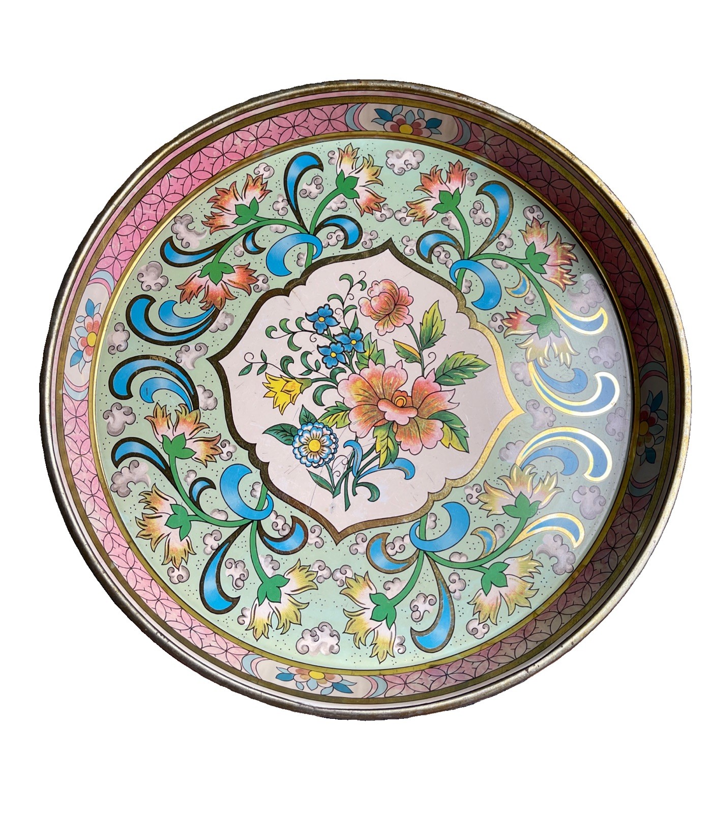 VTG Daher Round 12” Metal Tin Floral Serving Tray/England #11101 PASTELS/Cottage