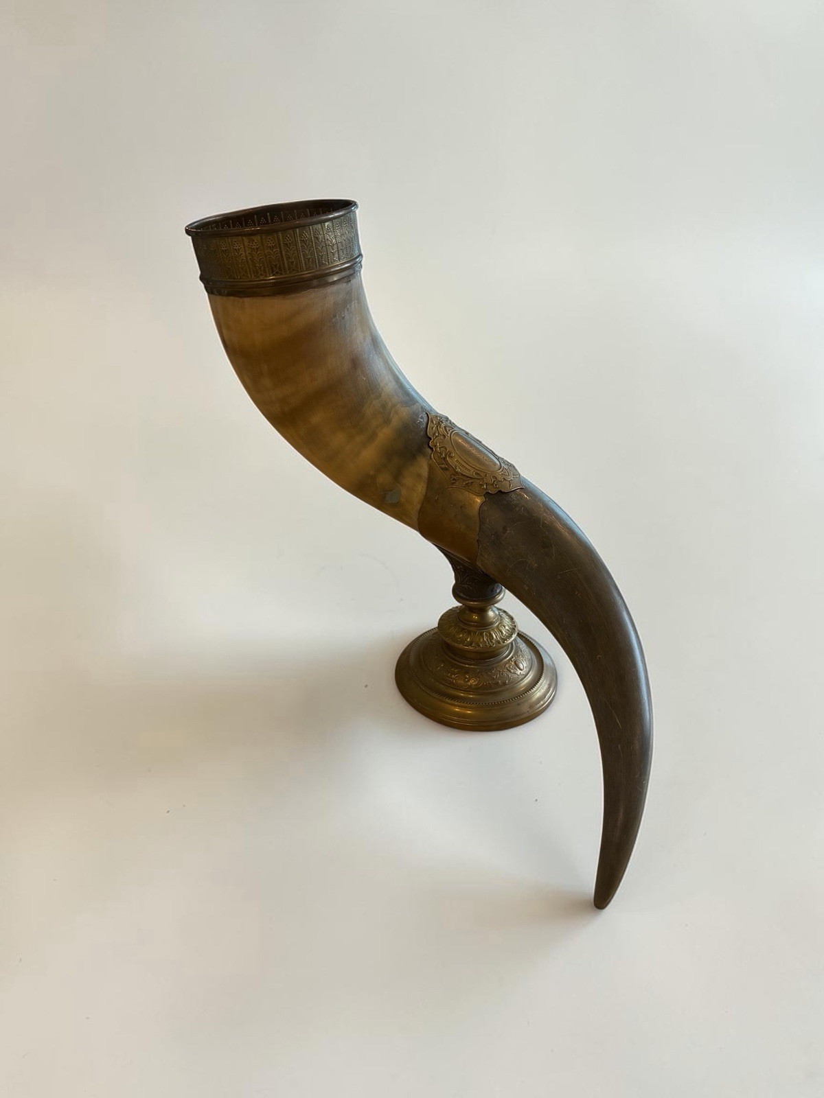 XL Antique 1894 Scandinavian Swedish Presentation Drinking Horn Brass Mounted