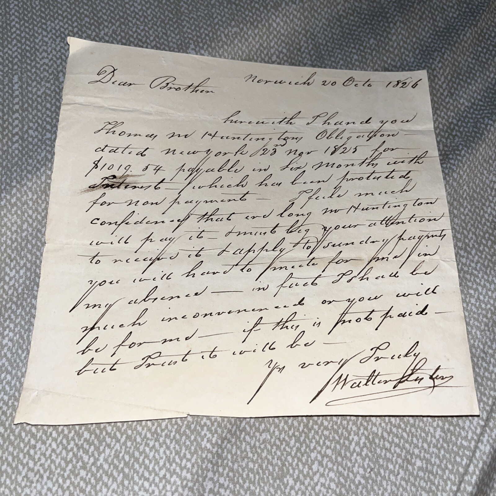 1826 Pre Civil War Era Captain Walter Lester Norwich CT Letter to Brother