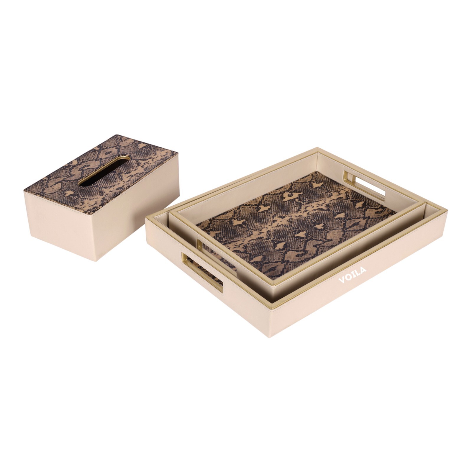 HOMIVA Premium Pink Faux Leatherette 2 Tray & Tissue Box Set with Snake Print