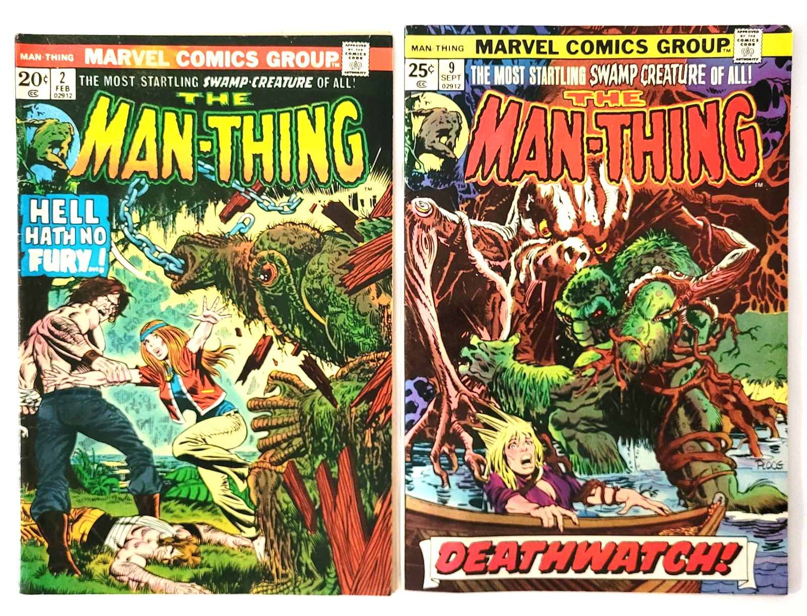 2 vintage Man Thing Marvel Comic 1973 1974 Hell Hath no Fury Deathwatch