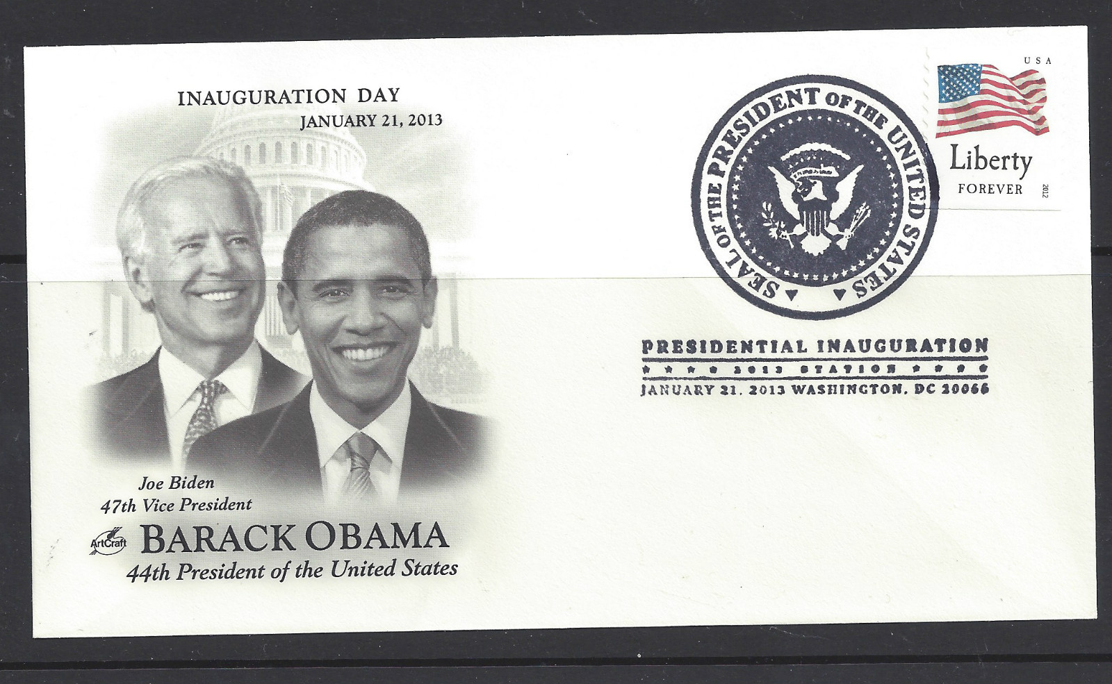 2nd Term Obama Inaugural Cover, 1/21/13, Obama/Biden - Flag  Stamp