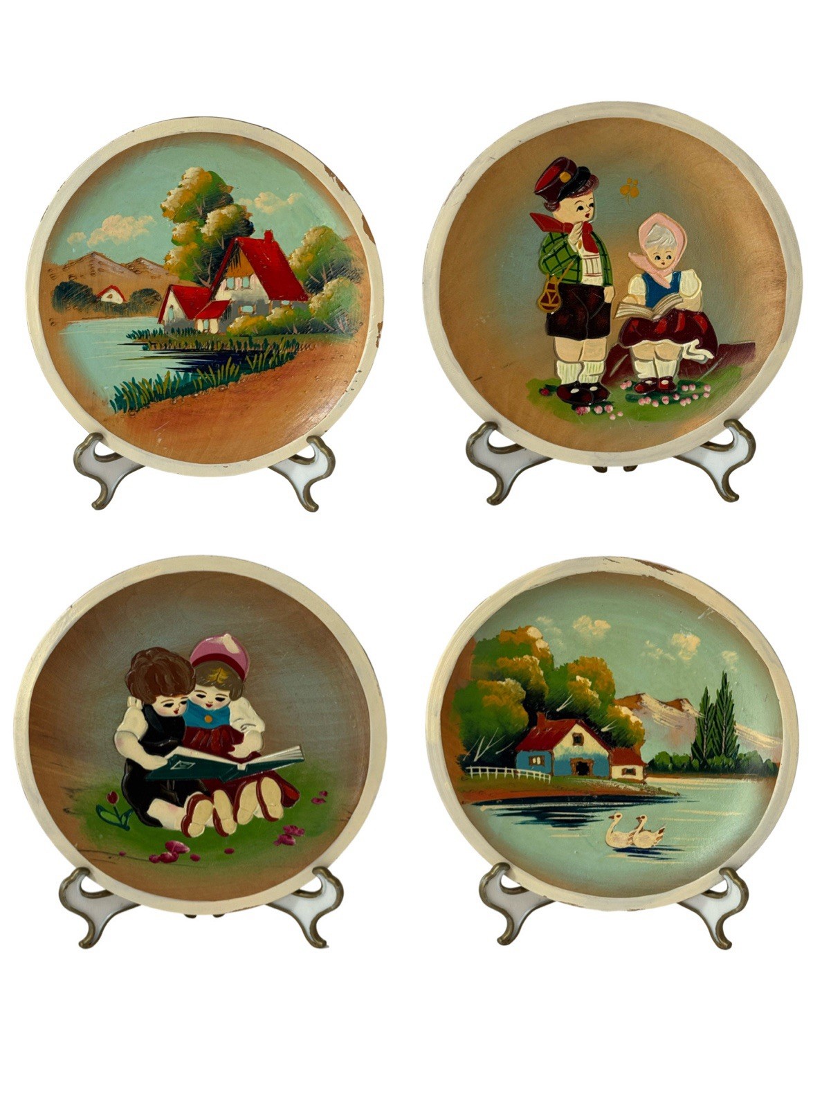 4 Vintage Wooden Dutch Wall Plates Handpainted Scenes 6 7/8” Cottagecore Japan