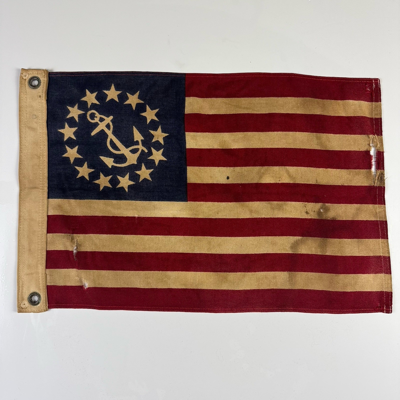 Antique US Yacht Ensign Flag Faded Naval Maritime Cotton Early 1900s Brass 12x18