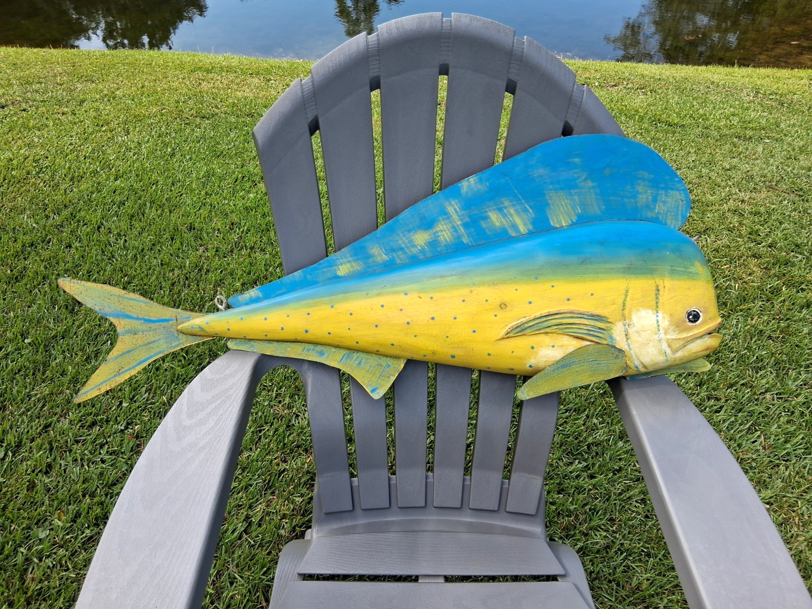 Vintage Large 37 Inch Mahi-Mahi Fish Handcrafted Wooden Body Metal Tail and Fins