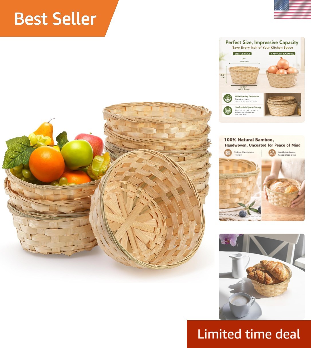 10 Pack Handmade Bamboo Woven Baskets | 8-Inch Centerpieces for Every Occasion