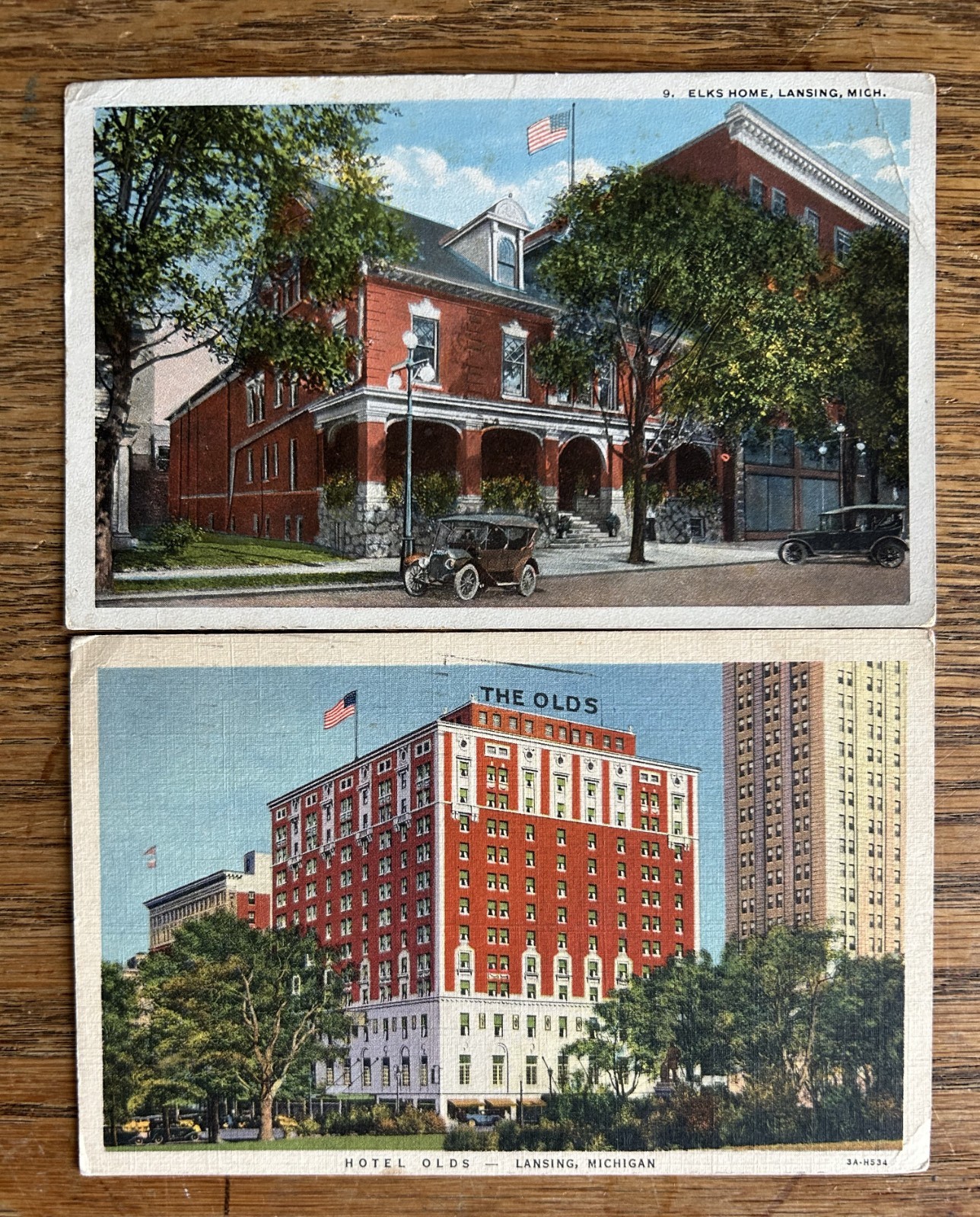 Two Antique Lansing MI Postcards – Hotel Olds & Elks Home – Postmarked 1910s Two Antique Lansing MI Postcards – Hotel Olds & Elks Home – Postmarked 1910s