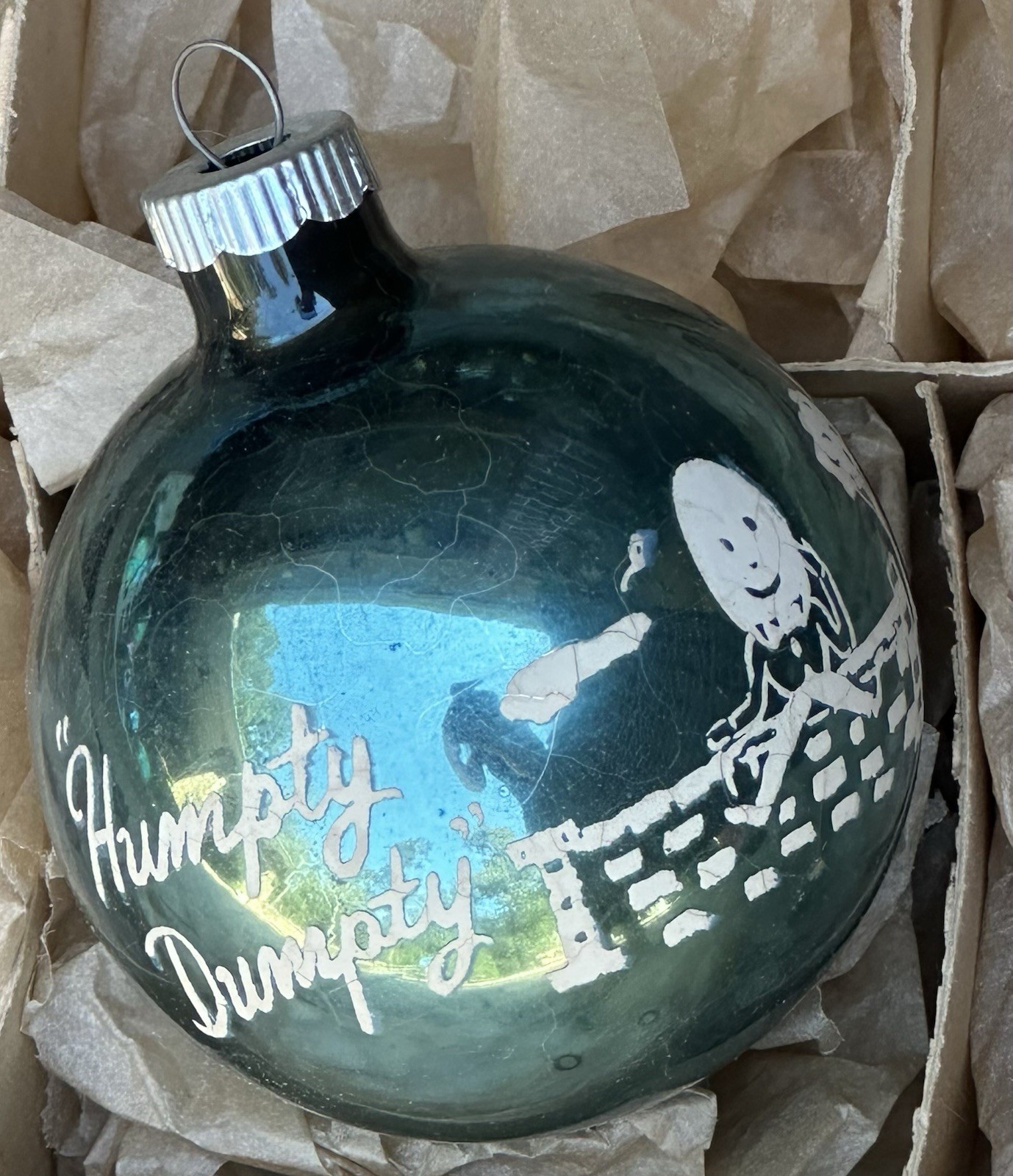 Vintage Shiny Brite Made In USA Blue “Humpty Dumpty” Stencil Glass Ornament