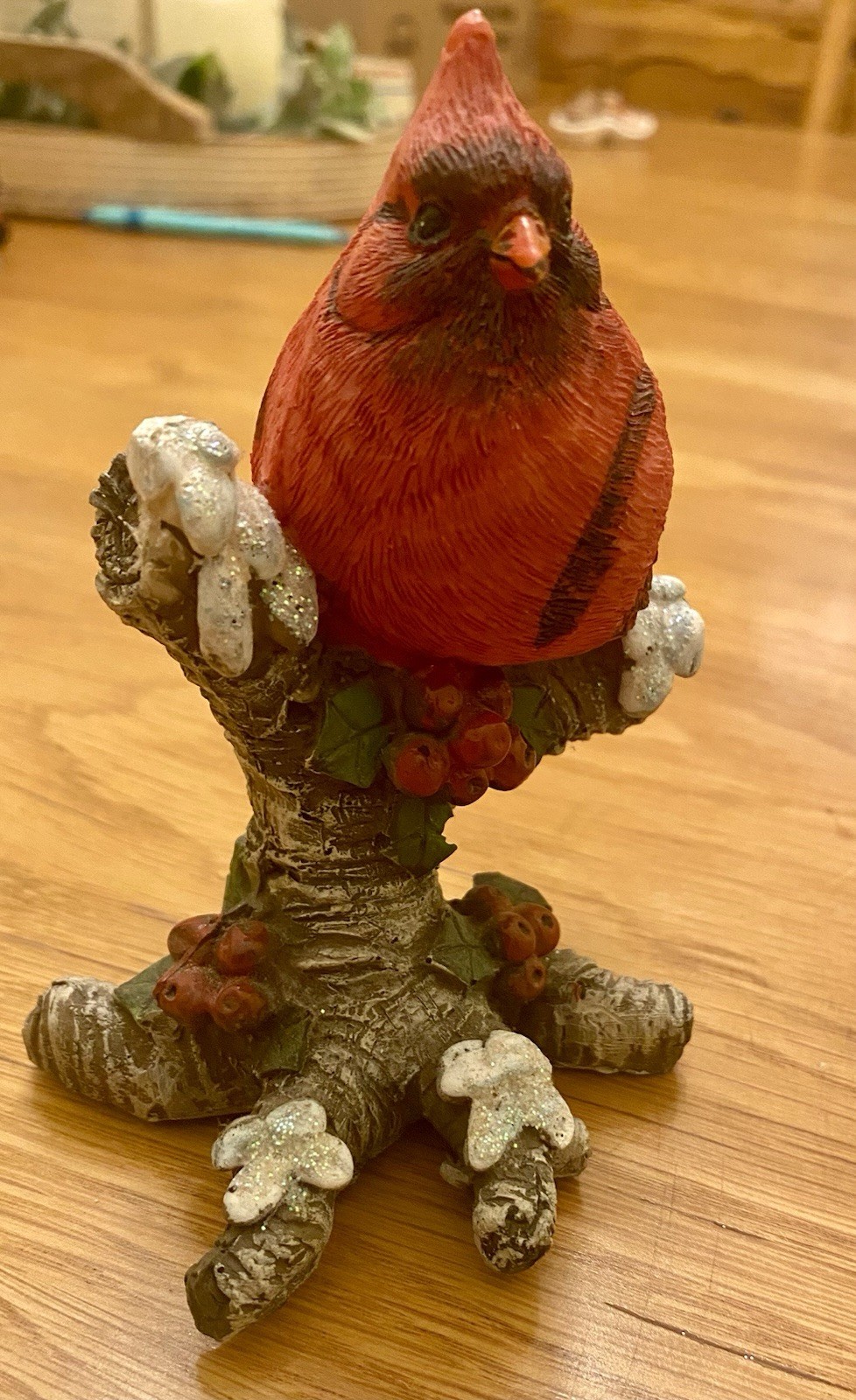Red Cardinal Resin Figurine on a Snowy Tree Branch ~ Christmas Decoration