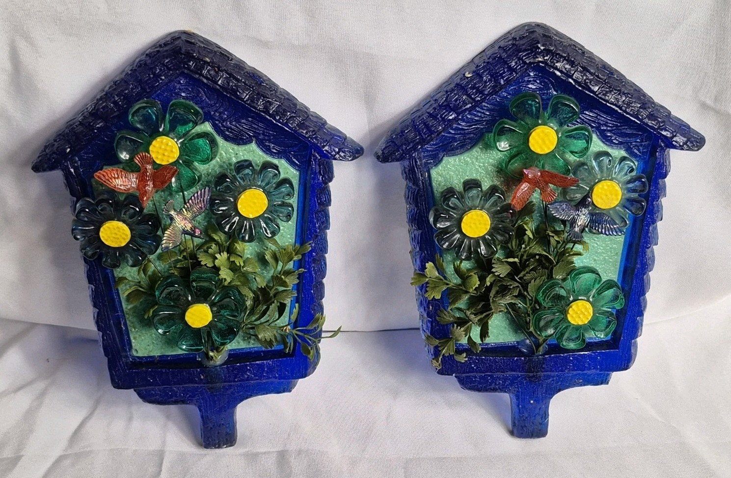 TWO 1960s MCM Cobalt Blue New Designs Lucite Flower Birdhouse Plaques Acrylic