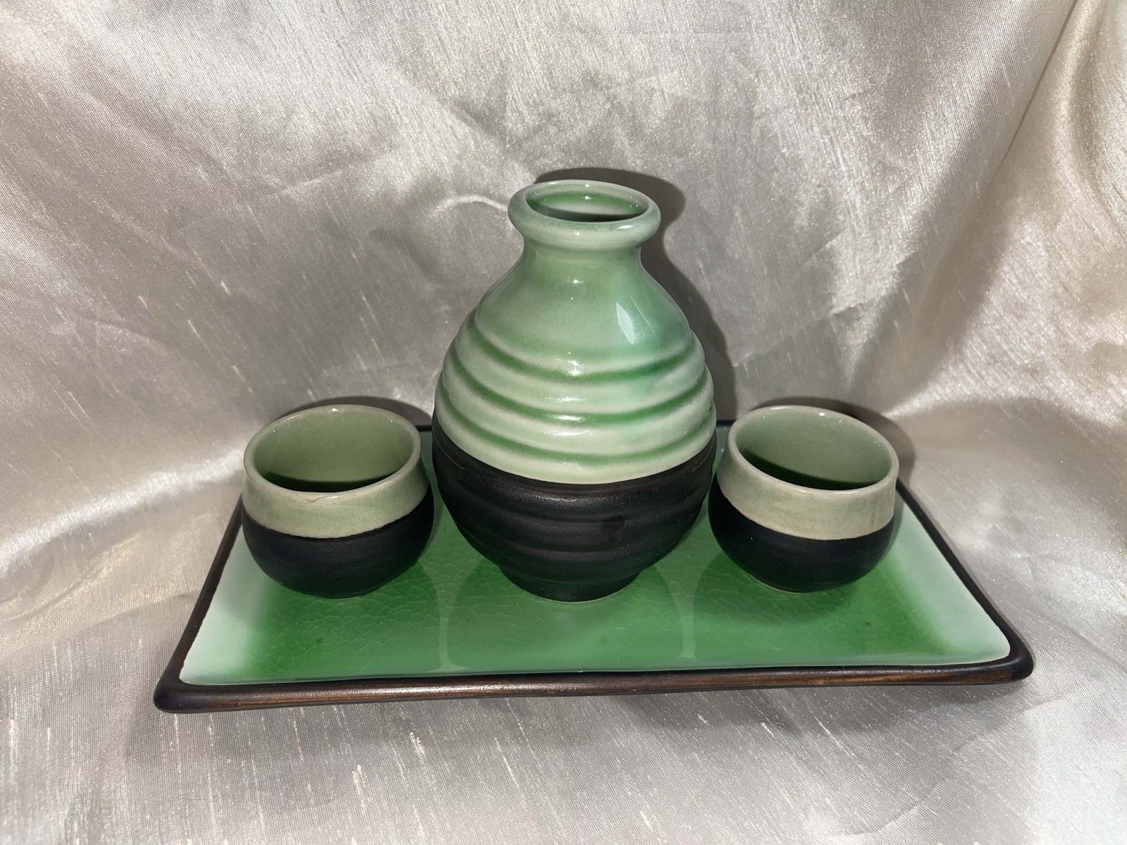 Vintage Japanese Ceramic Sake Set Green Crackle Glaze Tokkuri Bottle Cups Tray
