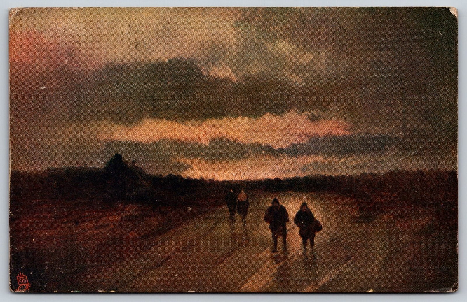 Figures Walking Sunset Landscape Raphael Tuck Oilette Postcard PC399