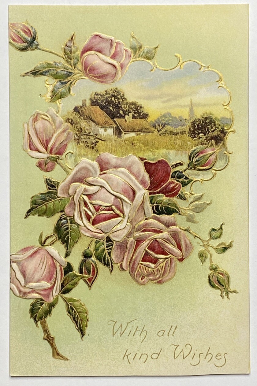 Vintage Postcard, With All Kind Wishes, Roses, Embossed, Divided Back, Unposted