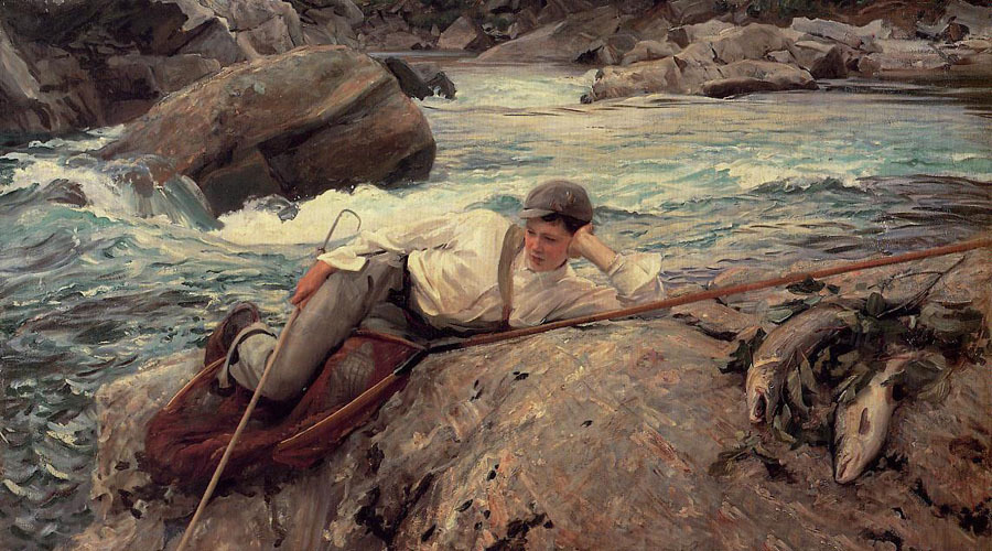 Art Oil painting John Singer Sargent - Young boy by river On His Holidays & fish