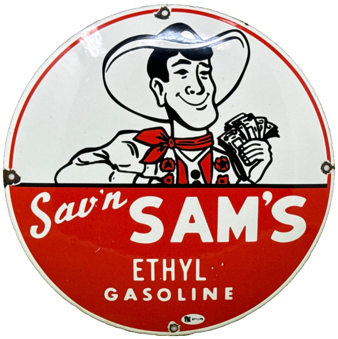 VINTAGE SAV'N SAM'S GASOLINE PORCELAIN SIGN ETHYL GAS STATION MOTOR OIL PUMP