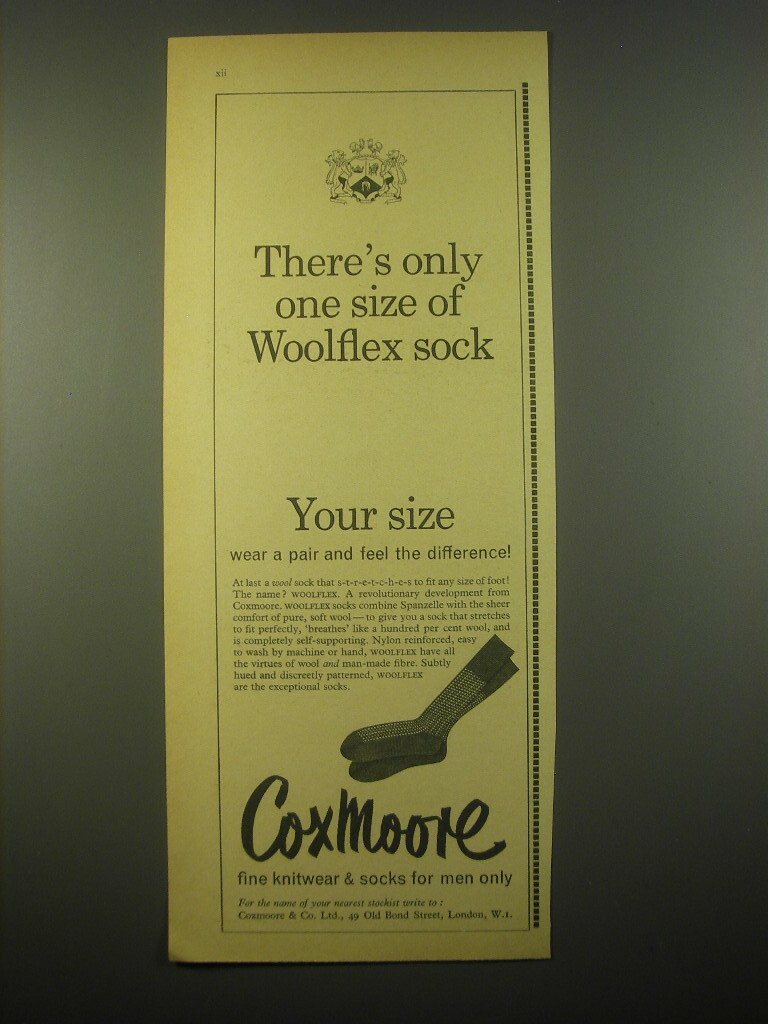 1966 Coxmoore Woolflex Socks Ad - There\'s only one size of Woolflex sock