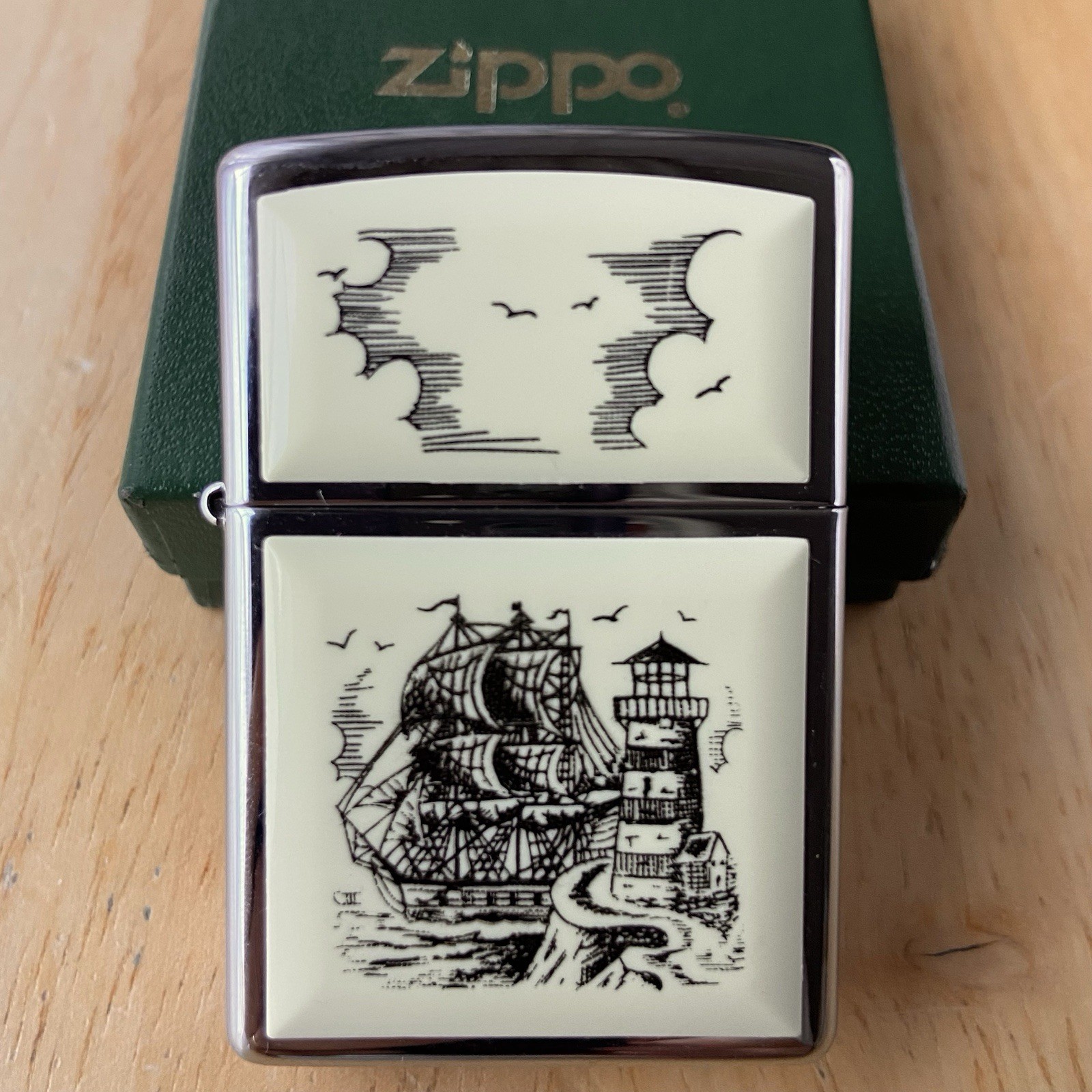 Vintage 2000 Zippo Lighter Scrimshaw Sailing Ship Lighthouse ~ Excellent w/ Box