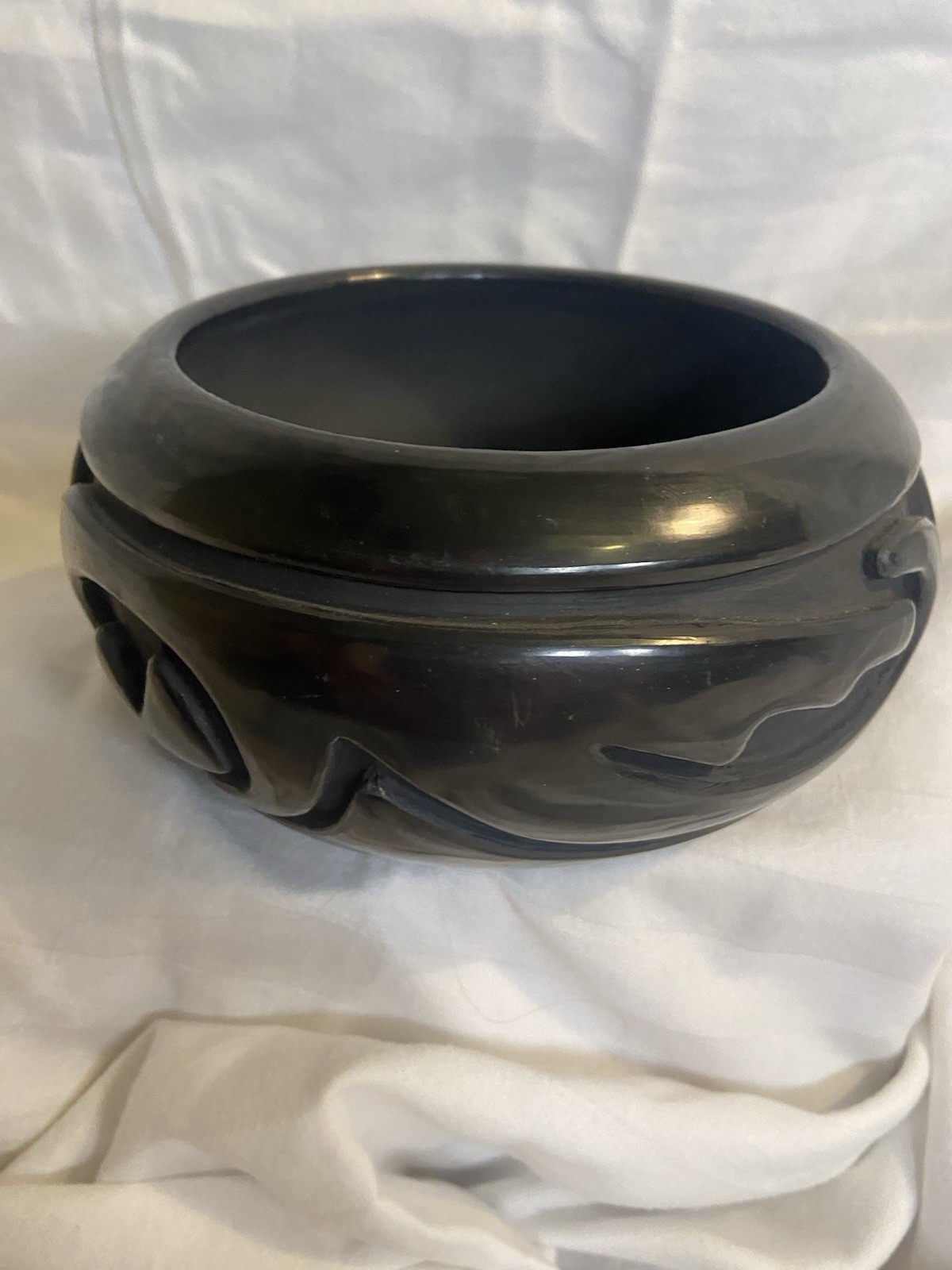 Stella Chavarria Santa Clara Pueblo Signed Black Pottery Carved Bowl