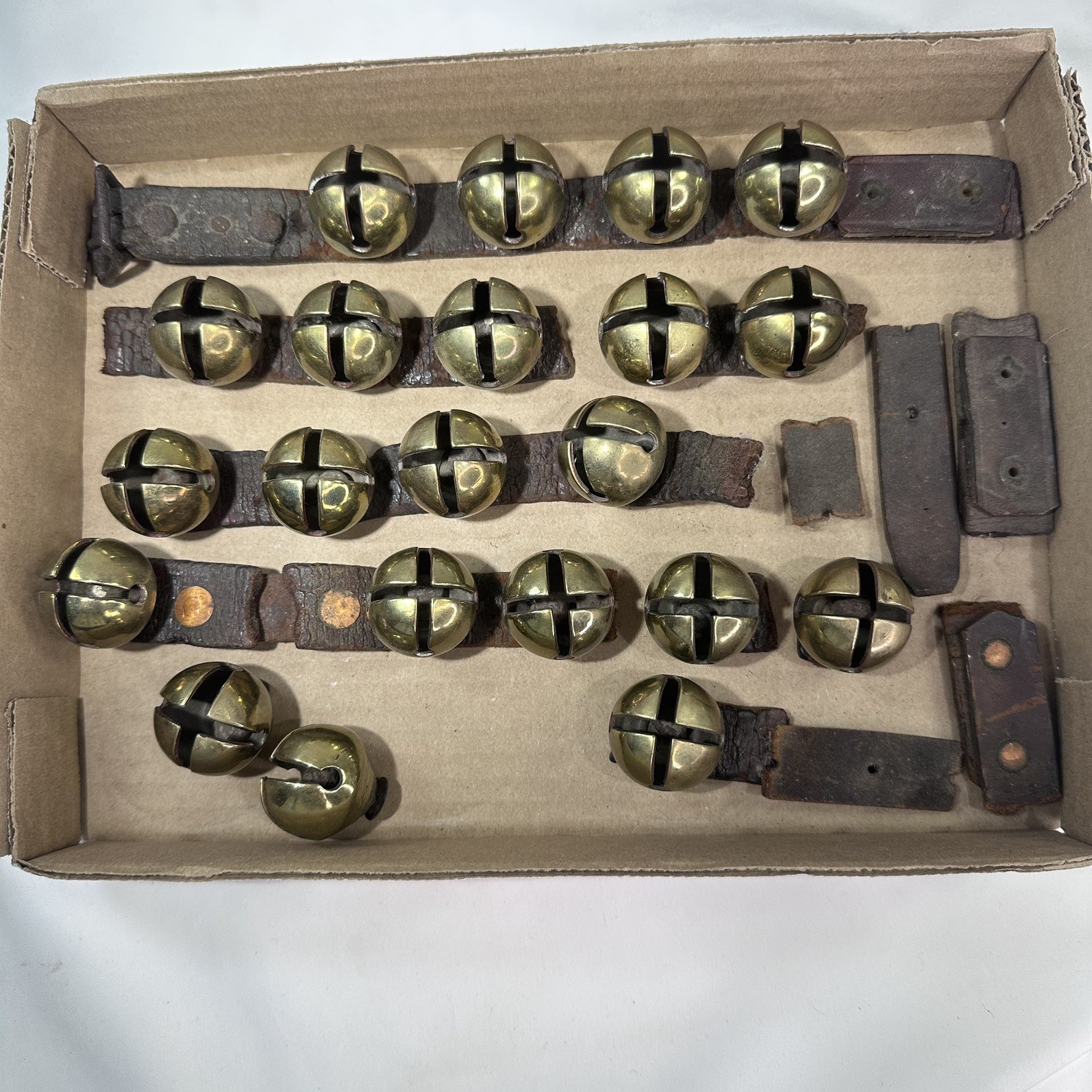Antique 1870s Lot 21 Geo TUCKER Brass Horse Crotal Sleigh Bell MARKED no strap