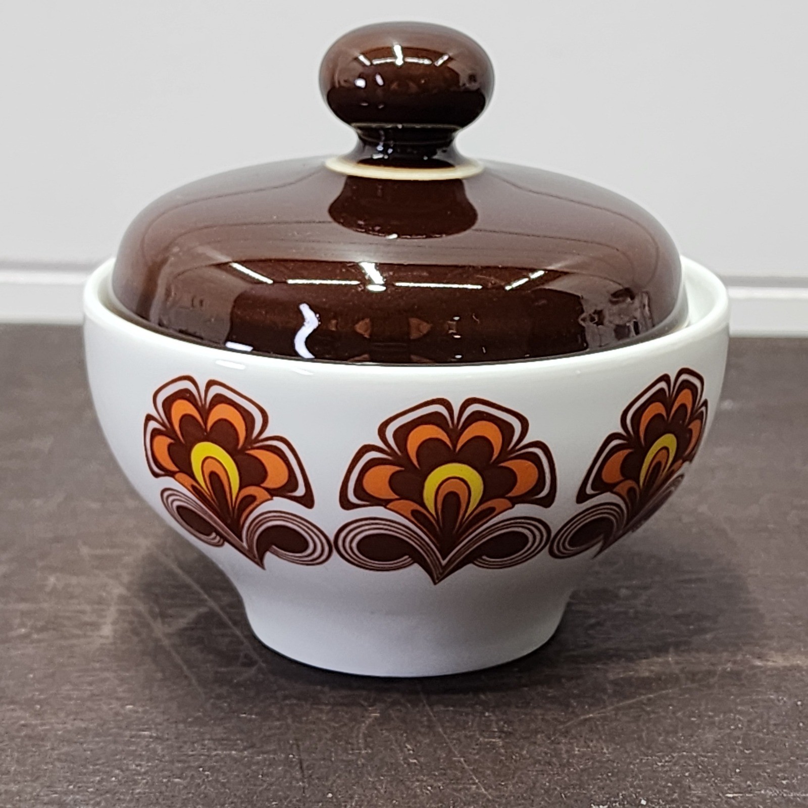 Vintage Winterling Bavaria Covered Sugar Bowl Brown Orange Floral Retro Germany